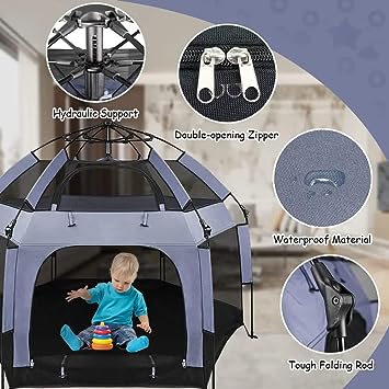 Photo 1 of  Baby Play Yard Outdoor Baby Playpen with Canopy Beach Tent for Kids and Toddlers Portable Lightweight Pop Up Pack and Play Playards with Travel Bag,61"*61"*49.2" Grey