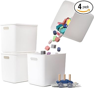 Photo 1 of Yishyfier Plastic Storage Baskets Bins Boxes With Lids,Organizing Container White Storage Organizer Bins For Shelves Drawers Desktop Playroom Classroom Office,4-Pack