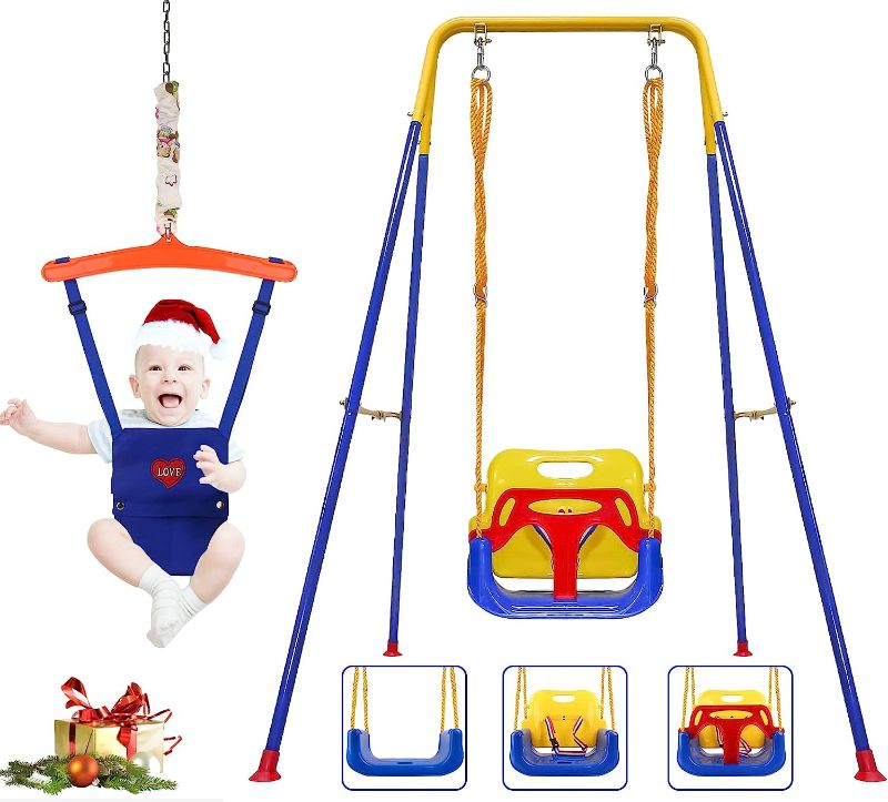 Photo 1 of 3-in-1 Toddler Swing Set and Baby Jumper, Baby Swing with Bouncers for Indoor Outdoor Play, Sturdy Safety Seat and Foldable Metal Swing Stand Easy to Assemble and Store at Home Garage
