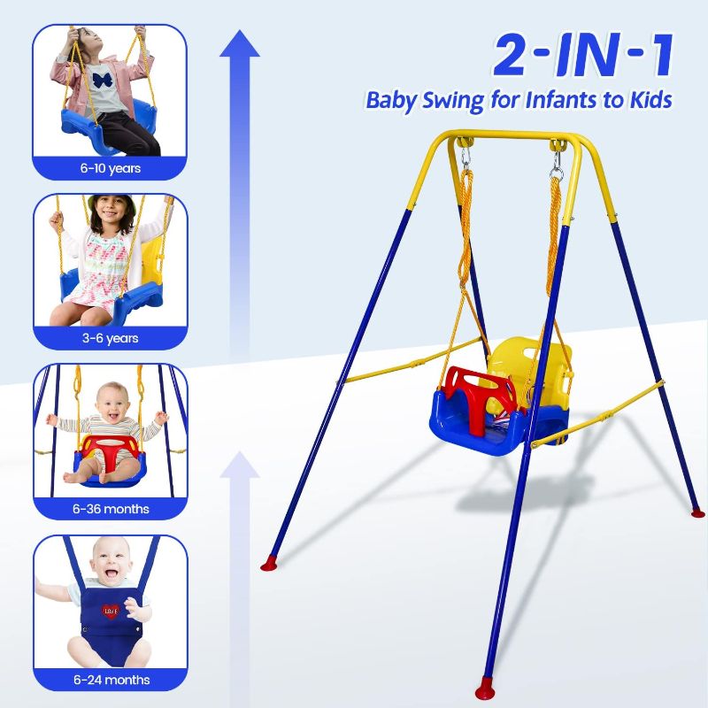 Photo 2 of 3-in-1 Toddler Swing Set and Baby Jumper, Baby Swing with Bouncers for Indoor Outdoor Play, Sturdy Safety Seat and Foldable Metal Swing Stand Easy to Assemble and Store at Home Garage

