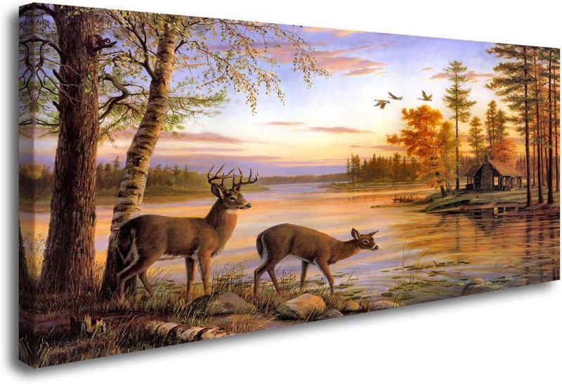Photo 1 of ArtHome520 Yellow Autumn Landscape Wall Art Wildlife Canvas Print Painting Home Decor Golden Animal Deer Picture Living Dining Room Decorations Fashion Framed (24''x48'')