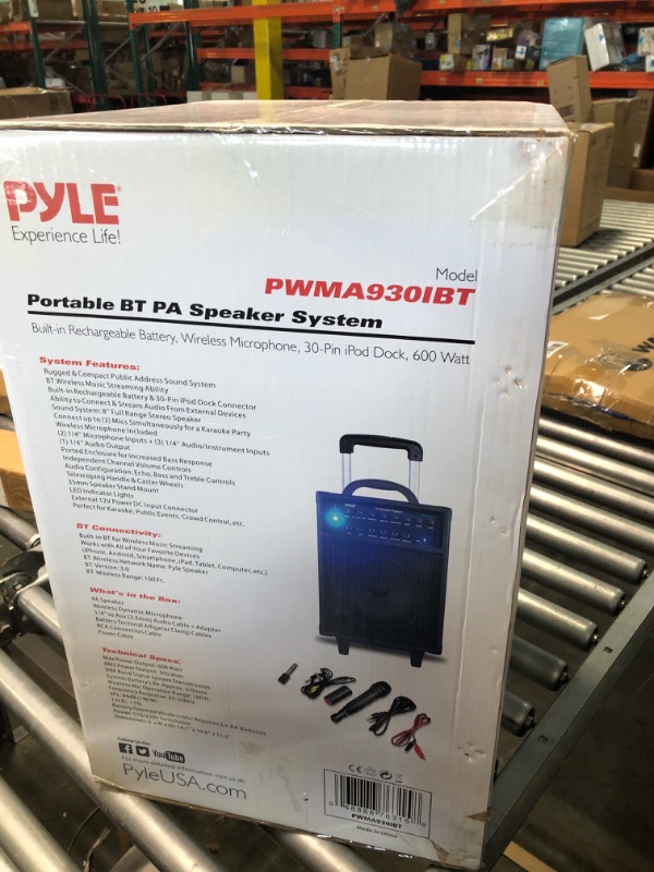 Photo 2 of Wireless Portable PA Speaker System - 600W Bluetooth Compatible Rechargeable Battery Powered Outdoor Stereo Speaker Microphone Set w/ 30-Pin iPod Dock, Wheels - 1/4" to AUX RCA Cable - Pyle PWMA930IBT