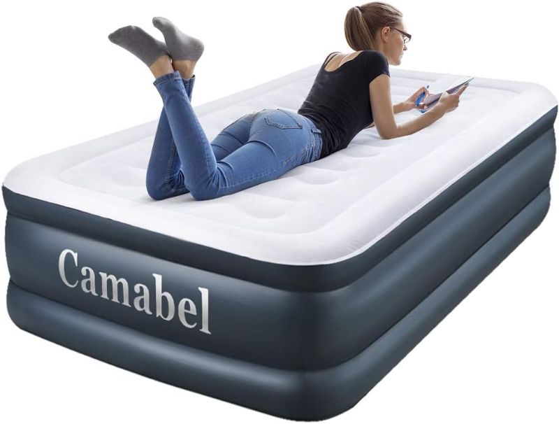 Photo 1 of Camabel 18 inch Double High Twin Air Mattress with Built in Pump for Guests Inflatable Mattress with Electric Pump Elevated Airbed with Flocked Top Camping Blow up Mattress with Storage Bag