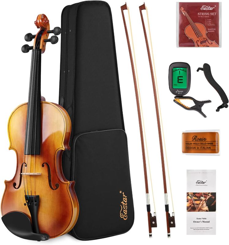 Photo 1 of **Missing Tuner, Strings, Bridge, Book** Eastar 4/4 Violin Set Full Size Fiddle Solidwood for Adults with Hard Case, Shoulder Rest, Rosin, Two Bows, EVA-330 4/4 Two Bows