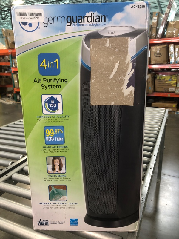 Photo 1 of Germ Guardian Air Purifier with HEPA 13 Filter, Removes 99.97% of Pollutants, Covers Large Room up to 743 Sq. Foot Room in 1 Hr, UV-C Light Helps Reduce Germs, Zero Ozone Verified, 22", Black, AC4825E 1 Pack Black