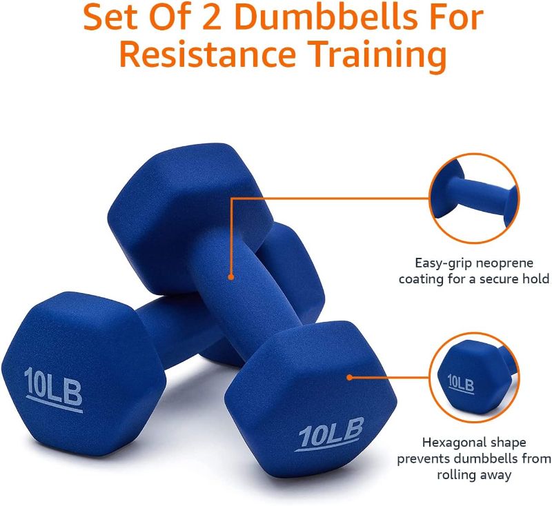 Photo 3 of Amazon Basics Neoprene Coated Dumbbell Hand Weight Set, 10-Pound, Set of 2, Navy Blue