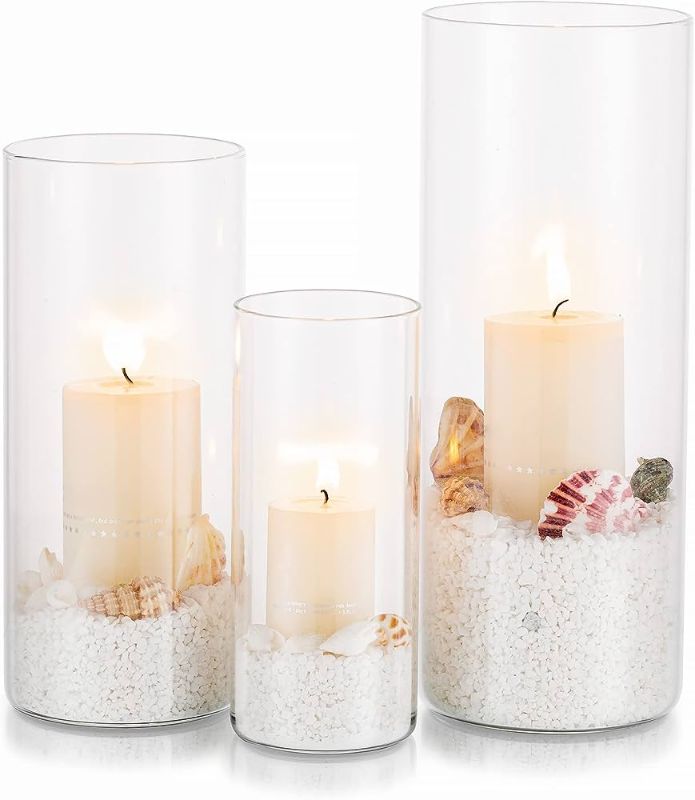 Photo 1 of * 1 missing* Glass Cylinder Hurricane Candle Holder Vases Clear 9 Pcs Cylinder Vase, Glass Vases for Centerpieces for Home Decor Centerpieces, Events, 6'' + 7.8'' + 10''(High) 3 Set M+L+XL