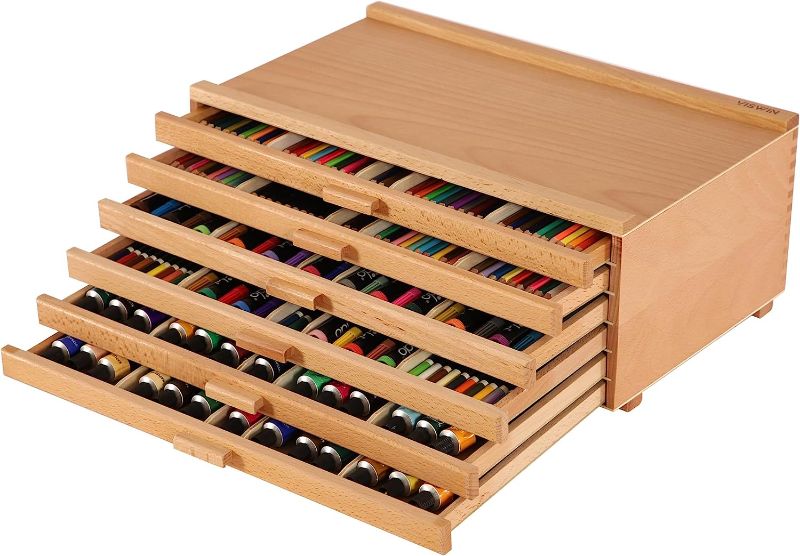 Photo 1 of  6-Drawer Wood Artist Supply Storage Box with Magnetic Closure, Premium Beech Wood Art Storage Box, Portable Organizer Box for Paints, Markers, Pastels, Pencils, Pens, Brushes and Art Supplies