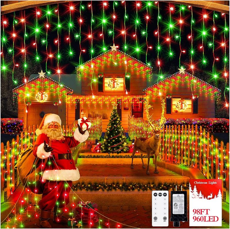 Photo 1 of 960 LED 98FT Christmas Lights Plug in 8 Modes with Timer Dimmable Christmas Decorations Outdoor Waterproof Indoor Curtain String Lights for Roof Porch Garden Holiday Wedding Party Decor Red + Green