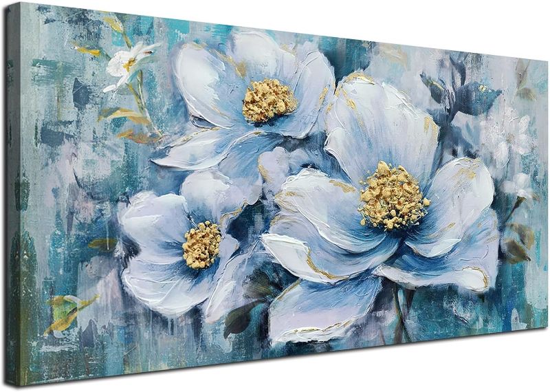 Photo 1 of Acocifi Flowers Canvas Wall Art White Elegance Painting Grey Blue Painting Colorful Textured Picture Botanical Bloosom Floral Modern Artwork for Living Room