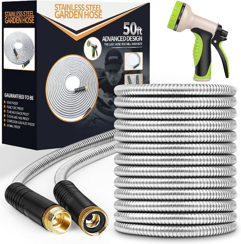Photo 1 of 
Unywarse Metal Garden Hose 50ft, Stainless Steel Heavy Duty Water Hose with 10 Function Nozzle Flexible, Lightweight, Kink Free & Tangle Free, Pet Proof...