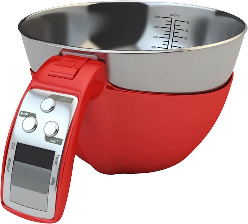 Photo 1 of adel Digital Kitchen Food Scale with Bowl (Removable) and Measuring Cup - Stainless Steel, Backlight, 11lbs Capacity - Cooking, Baking, Gym, Diet - Precise Measuring (Red)