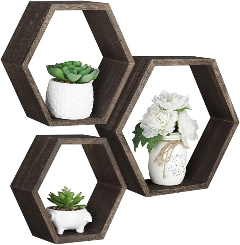 Photo 1 of Set of 3 Pine Wood Hexagon Shelves for Wall Decor - Farmhouse Honeycomb Shelves for Living Room Decor, Kitchen Storage, Wall Mount Rustic Boho Shelves