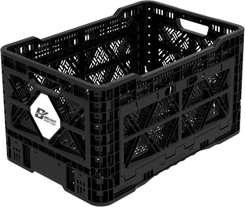 Photo 1 of Bigant Heavy Duty Collapsible & Stackable Plastic Milk Crate-Medium Size, Black, Stackable Open Front Organizer, Set of 1, Snap Lock Foldable Industrial Garage Storage Bin Container Utility Basket