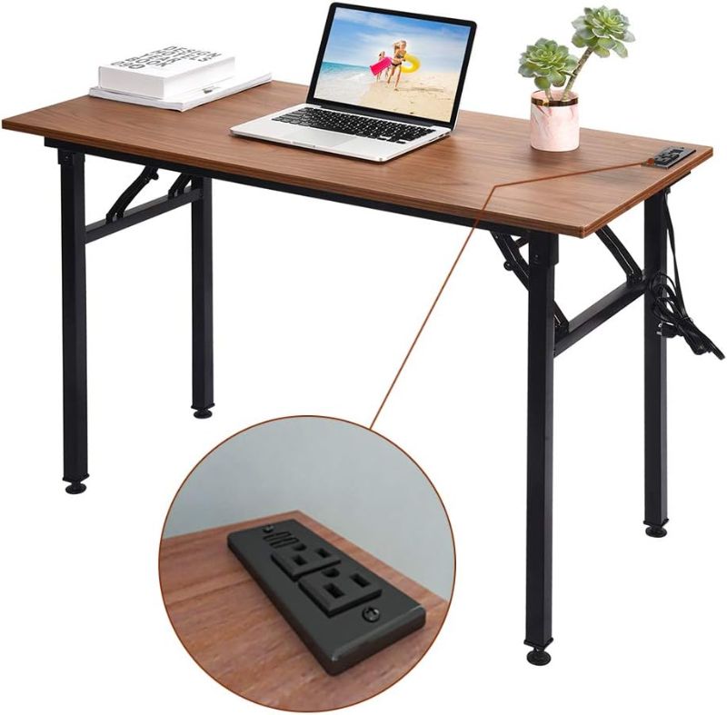 Photo 1 of Frylr Folding Computer Desk with Plugs & USB Ports, Home Office Desks Foldable 43.3x19.6x29.5 Inch Study Table for Student Writing Desk for PC/Laptop, No Installation, Walnut + Black Leg

