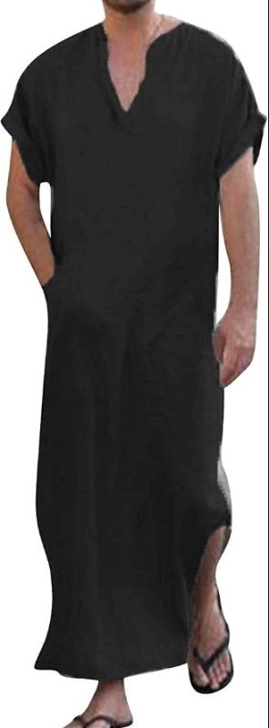 Photo 1 of Men's Kaftan V-Neck Short Sleeve Robe Side Split Cotton Long Gown 2XL