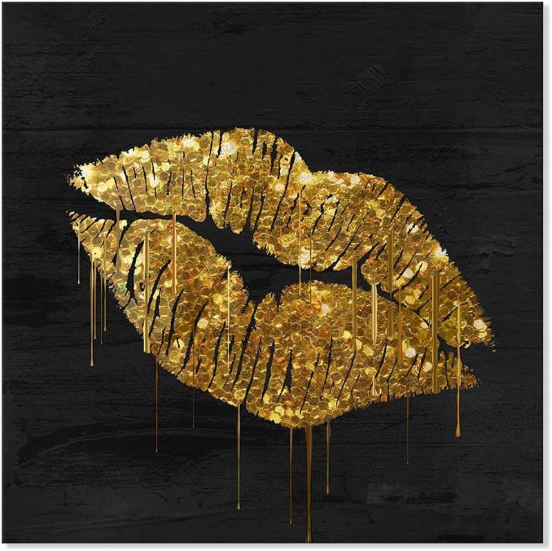 Photo 1 of 7CANVAS Black and Gold Canvas Wall Art Ornate Lips Print on Canvas Fashion Poster for Bedroom Bathroom Decor Framed Ready to Hang 20x20Inch
