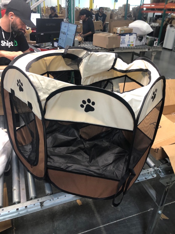 Photo 3 of BODISEINT Portable Pet Playpen, Dog Playpen Foldable Pet Exercise Pen Tents Dog Kennel House Playground for Puppy Dog Yorkie Cat Bunny Indoor Outdoor Travel Camping Use (Medium, Coffee - Beige) Medium Coffee - Beige