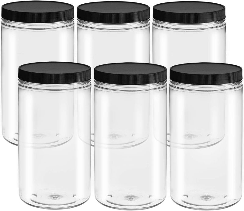 Photo 1 of  Plastic Jars with Lids and Labels - 6 Pack Clear Storage Containers with Airtight Lids for Food, Kitchen Pantry, Home Organization and More