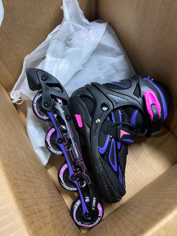 Photo 3 of 2PM SPORTS Vinal Girls Adjustable Flashing Inline Skates, All Wheels Light Up, Fun Illuminating Skates for Kids and Men- Azure Small (1Y-4Y US) Violet & Magenta Medium - Big Kid (1-4 US)