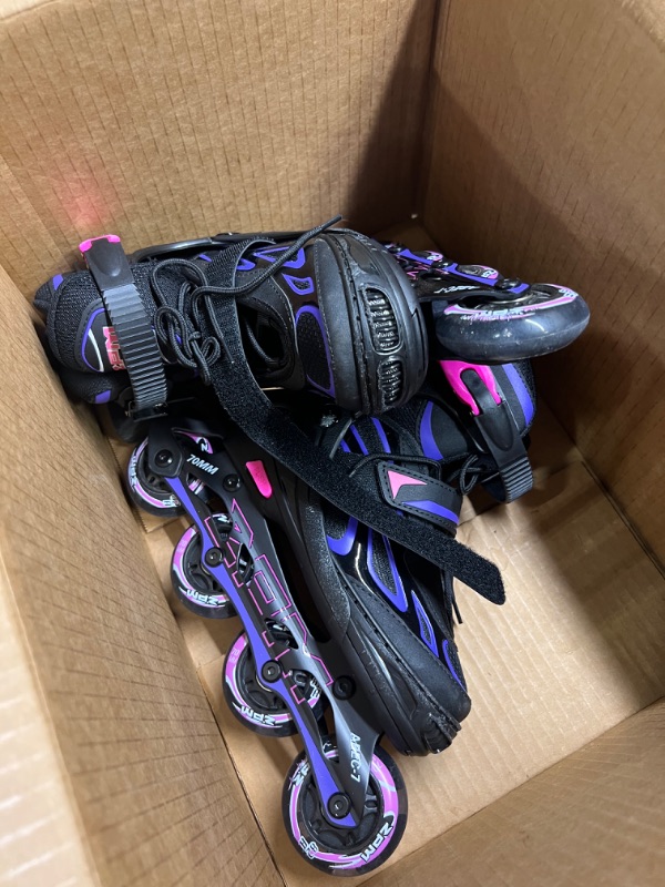 Photo 5 of 2PM SPORTS Vinal Girls Adjustable Flashing Inline Skates, All Wheels Light Up, Fun Illuminating Skates for Kids and Men- Azure Small (1Y-4Y US) Violet & Magenta Medium - Big Kid (1-4 US)