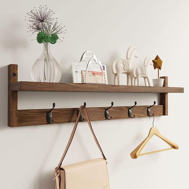 Photo 1 of AMBIRD Wall Hooks with Shelf 28.9 Inch Length Entryway Wall Hanging Shelf Wood Coat Hooks for Wall with Shelf Wall-Mounted Coat Hook Rack with 5 Dual Hooks...
