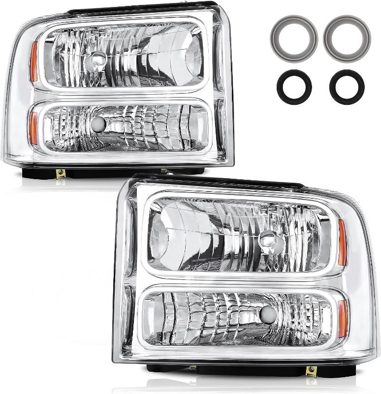 Photo 1 of YLee Headlight Assembly Compatible with 2005 - 2007 Ford F250 F350 F450 F550 Super Duty/05 Ford Excursion (Chrome housing Clear Reflector)

