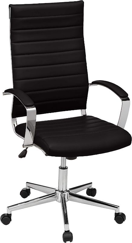 Photo 1 of Amazon Basics High-Back Executive Swivel Office Desk Chair with Ribbed Puresoft Upholstery, Lumbar Support, Modern Style, 23.9"D x 24.69"W x 41.5"H, Black
