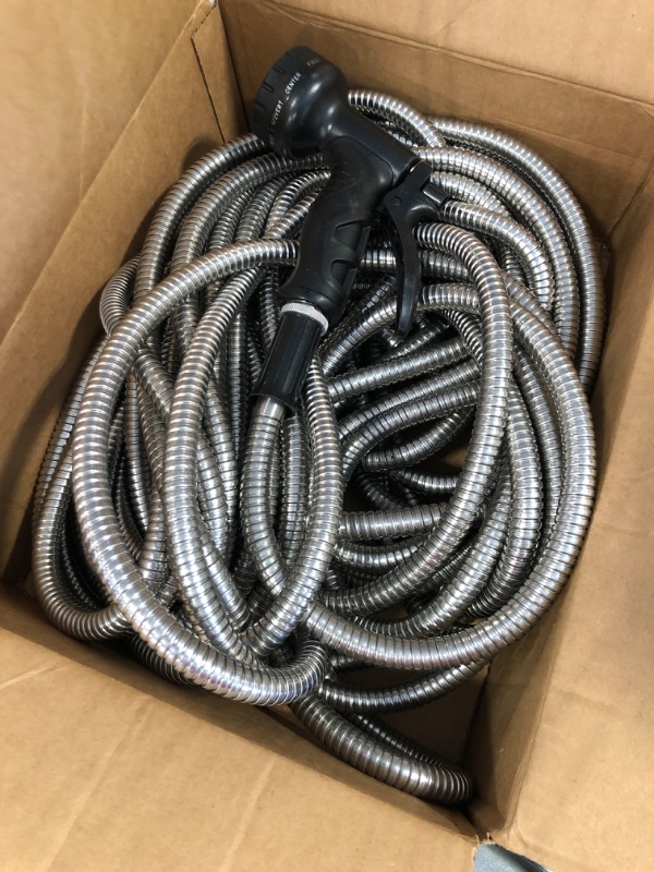 Photo 1 of Ainpota Metal Garden Hose 75ft Heavy Duty Stainless Steel Water Hose with 10 Function Sprayer Nozzle & Metal Fittings Flexible Lightweight Hose Puncture Proof Hose for Pets, Yard, Outdoors, Rv (75FT)
