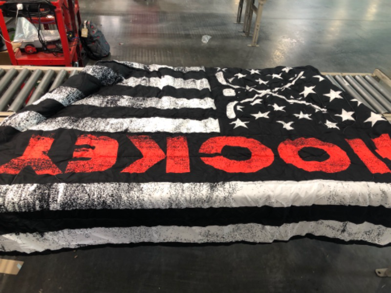 Photo 1 of American Flag Comforter Cover Black White Ice Hockey Bedding Set Full for Kids Boys Teens Men Bedroom,Winter Ball Games Sport Duvet Cover Retro USA Flag...
