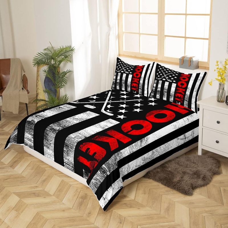 Photo 1 of American Flag Comforter Cover Black White Ice Hockey Bedding Set Full for Kids Boys Teens Men Bedroom,Winter Ball Games Sport Duvet Cover Retro USA Flag...
