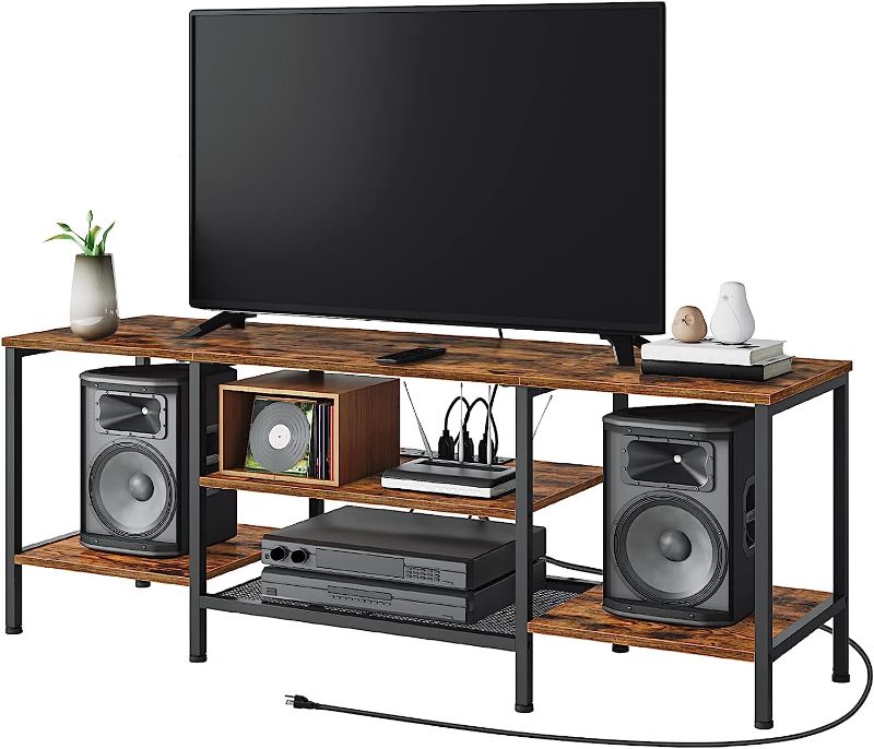 Photo 1 of HOOBRO TV Stand with Power Outlets to 55 Inches, TV Console Table with Open Storage Shelves Cabinet, Industrial Media Entertainment Center for Living Room Bedroom, Rustic Brown and Black BF40DS01
