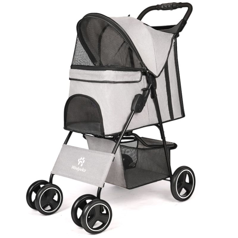 Photo 1 of Wedyvko Dog Stroller, 4 Wheel Foldable Pet Dogs and Cat Strollers with Storage Basket and Cup Holder for Small and Medium Cats, Dogs, Puppies (Gray)