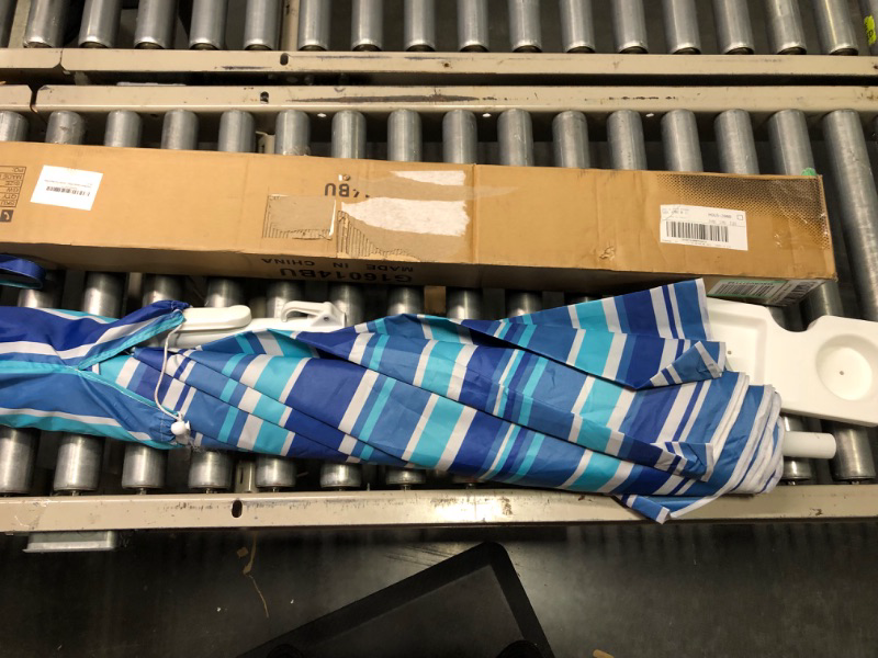 Photo 1 of Aoxun Beach Umbrella, 7ft Umbrella with Sand Anchor & Tilt Pole, Portable UV 50+ Protection Beach Umbrella with Carry Bag Stripe Blue w/Tray