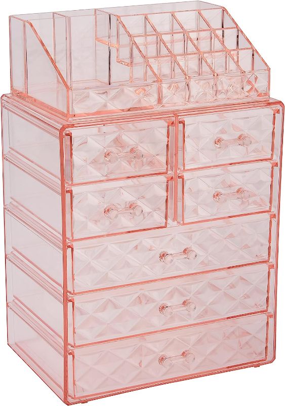 Photo 1 of ZHIAI Diamond PatternCosmetic Makeup and Jewelry Storage Case Display - Spacious Design - Great for Bathroom, Dresser, Vanity and Countertop (1 Top 7 Drawers, Pink) Diamond Pink