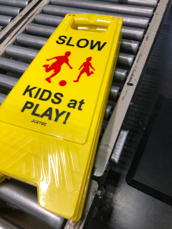 Photo 3 of Children at Play Safety Signs, 3 Pack Kids at Play Signs with Reflective Tape, Double-Sided Text and Graphics Easier to Identify, Kids at Play and Slow Down Signs for Street Neighborhoods Schools Park Sidewalk Driveway( Yellow) 3 Pack Yellow