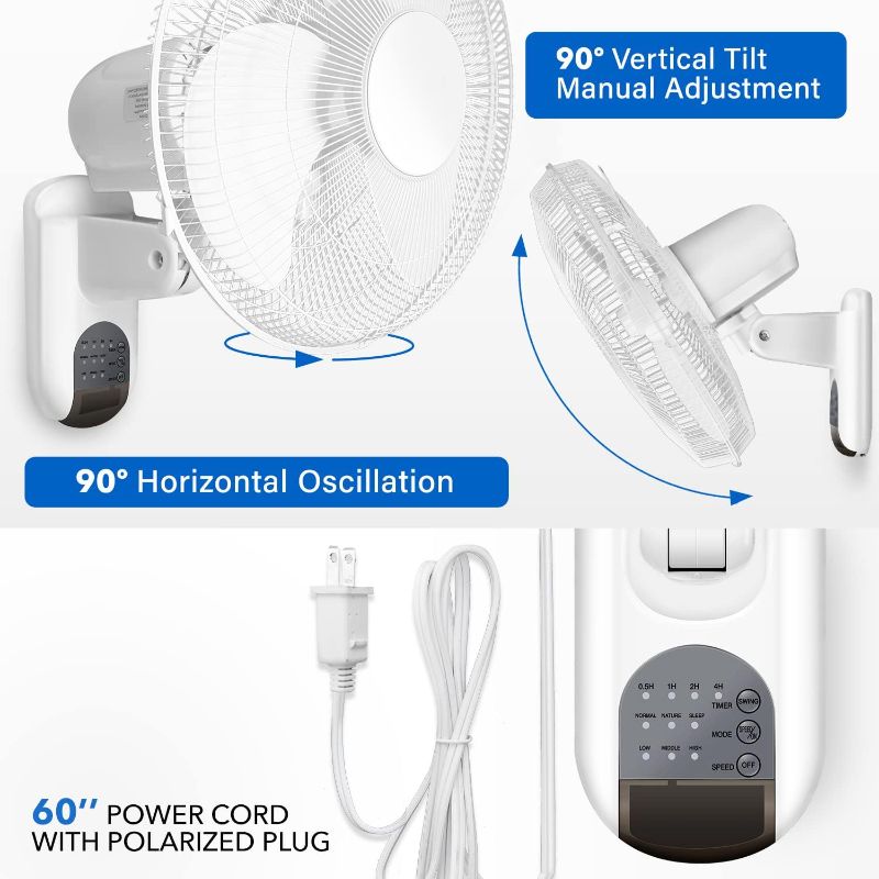 Photo 1 of 16 Inch Adjustable Tilt, Digital Household Wall Mount Fans, 90 Degree, 3 Speed