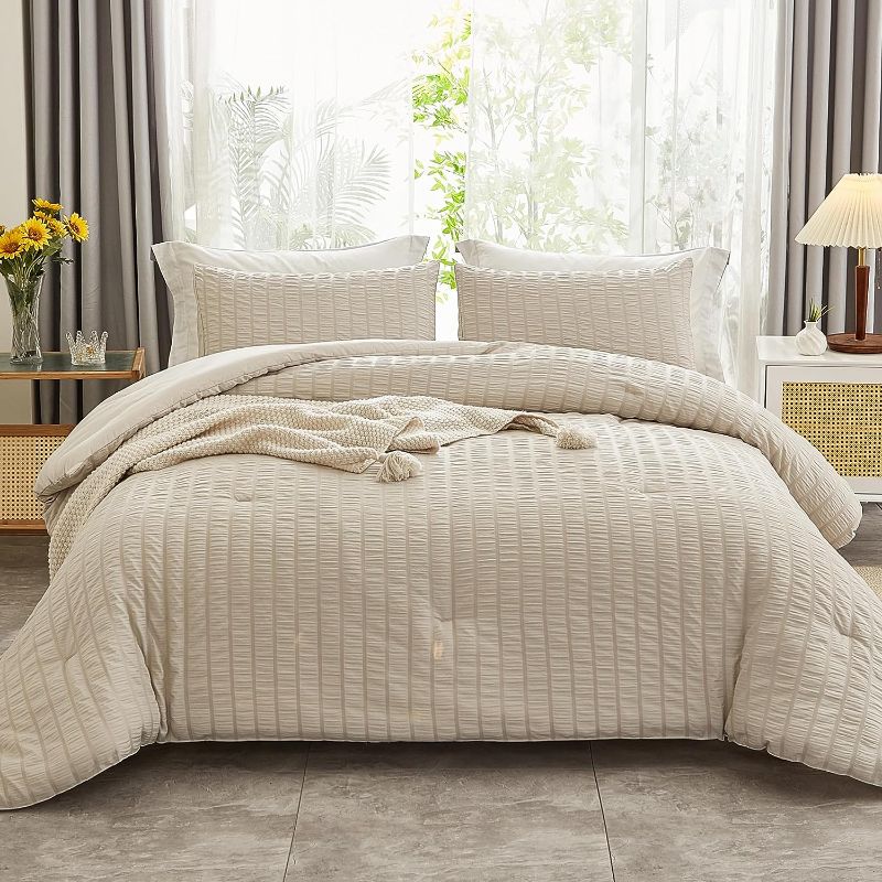 Photo 1 of Beige Seersucker Queen Comforter Set (90x90 inches), 3 Pieces