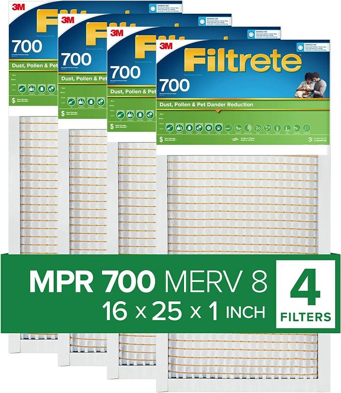 Photo 1 of Filtrete 16x25x1 Air Filter, MPR 700, MERV 8, Clean Living Dust, Pollen and Pet Dander Reduction 3-Month Pleated 1-Inch Air Filters, 4 Filters
