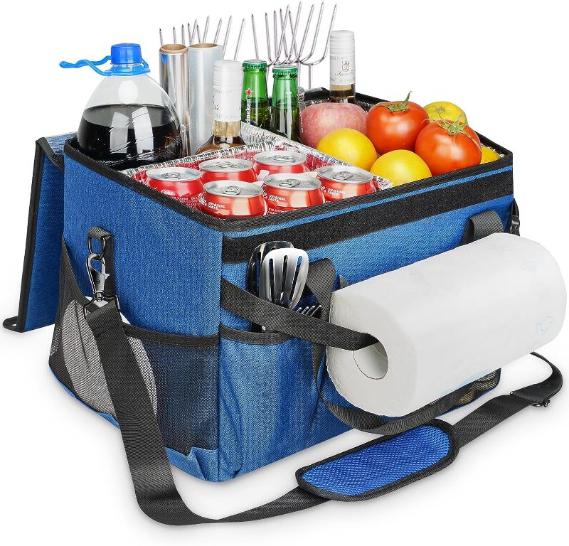 Photo 1 of Large Grill Caddy with Paper Towel Holder, Waterproof BBQ Caddy Organizer with Flexible Freshness Divider Collapsible Griddle Caddy for Utensil, Plate, Camping Gear Must Have for Outdoor Camping