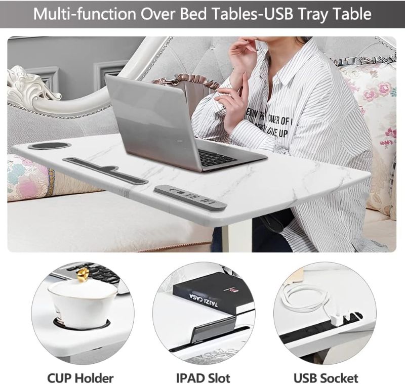 Photo 1 of BeGyoku Overbed Table,Hospital Bed Table,Pneumatic Bed Tables Adjustable Over The Bed with Hidden Wheels&USB Port,Mobile Laptop Table Cart and Rolling Bedside Table with Tray Hospital Home Use-White