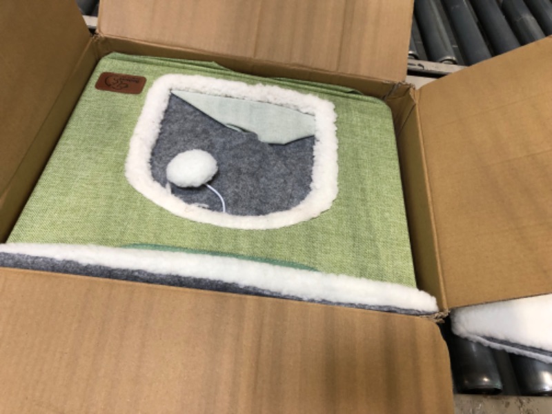 Photo 3 of Bedsure Cat Beds for Indoor Cats - Large Cat Cave for Pet Cat House with Fluffy Ball Hanging and Scratch Pad, Foldable Cat Hideaway,16.5x16.5x14 inches, Green