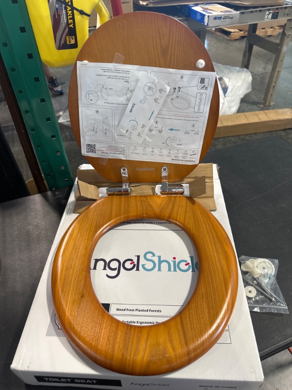 Photo 1 of Angel Shield Wood Veneer Natural Toilet Seat with Quiet Close,Easy Clean, Quick-Release Hinges(Round,Wood) Round-16.5" Wood