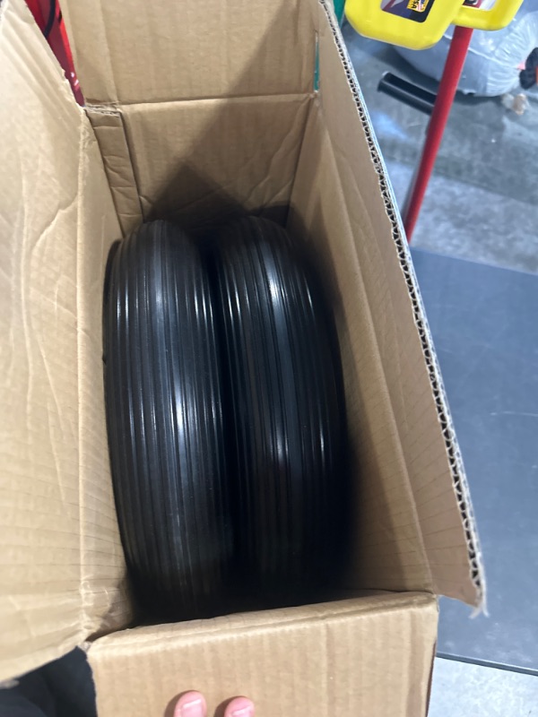 Photo 3 of 16" Flat Free Solid Polyurethane Tire and Wheel, 4.80/4.00-8 PU Airless Tires with 5/8" Ball Bearings, Straight Grain, 2 Pack 2 Pcs 4.80/4.00-8 & 5/8" bearing