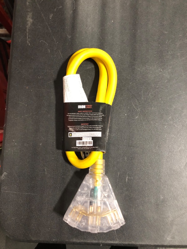 Photo 1 of 3 Foot Lighted Outdoor Extension Cord with 3 Electrical Power Outlets - 10/3 SJTW Yellow 10 Gauge Extension Cable with 3 Prong Grounded Plug for Safety, 15 AMP 3 Foot Yellow