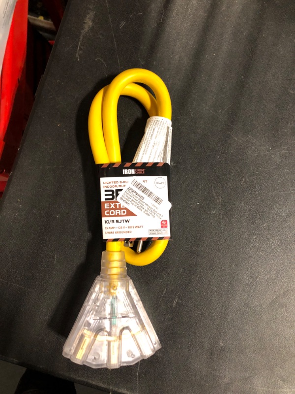 Photo 2 of 3 Foot Lighted Outdoor Extension Cord with 3 Electrical Power Outlets - 10/3 SJTW Yellow 10 Gauge Extension Cable with 3 Prong Grounded Plug for Safety, 15 AMP 3 Foot Yellow