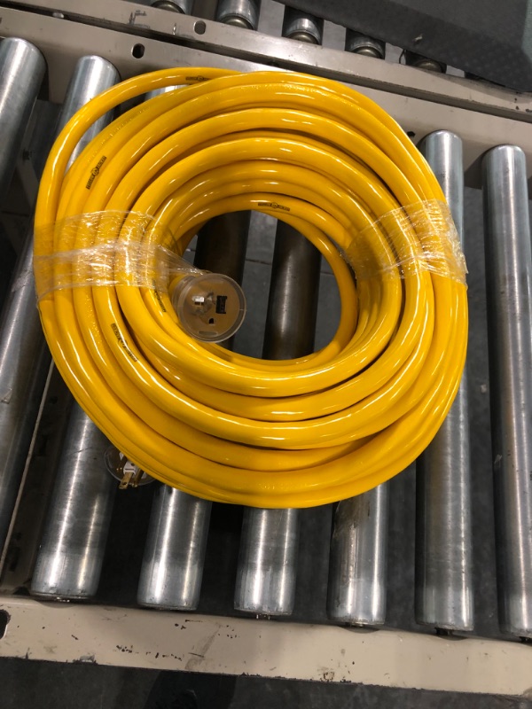 Photo 3 of Yellow Jacket 2992 10/3 Extra Heavy-Duty 20-Amp Premium SJTW Contractor Extension Cord with Lighted T-Blade Plug, 100-Foot All Copper Wire Extension Cord, 20 Amps, 125 Volts, 2500 Watts, Yellow 100 ft