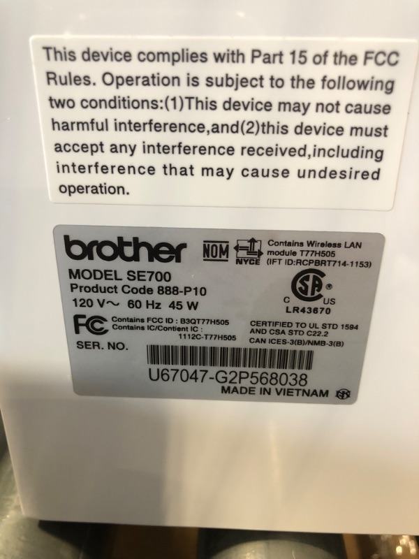 Photo 1 of ***MISSING POWER CORD*** Brother SE700 Sewing and Embroidery Machine, Wireless LAN Connected, 135 Built-in Designs, 103 Built-in Stitches, Computerized, 4" x 4" Hoop Area, 3.7" Touchscreen Display, 8 Included Feet