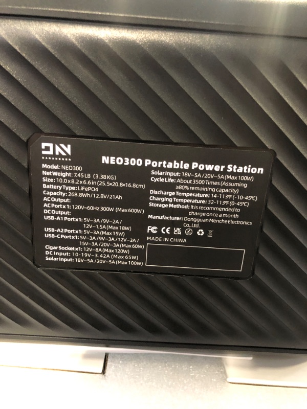 Photo 9 of ***NO CHARGER*** DaranEner Portable Power Station NEO300, 268.8Wh LiFePO4 300W Solar Generator (Optional) with USB-C PD60W, 110V Pure Sine Wave AC Outlet 600W Peak Outdoor Quiet Generators for Home Use Camping Outage Black