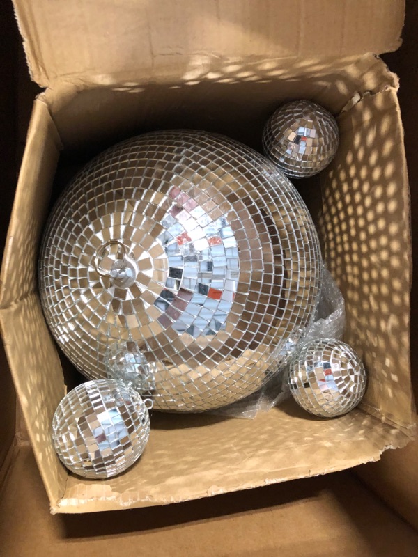 Photo 2 of 4 pack Large Disco Ball Silver Hanging Disco Balls Reflective Mirror Ball Ornament for Party Holiday Wedding Dance and Music Festivals Decor Club Stage Props DJ Decoration (12 Inch, 3 Inch)